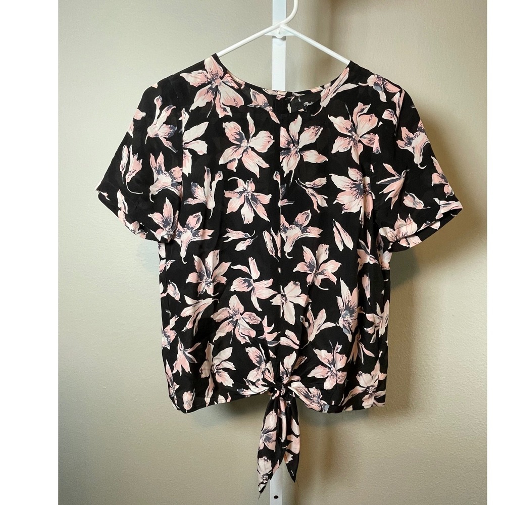 Madewell Silk Floral Tie-Front Top Women's‎ XS Black Pink Lily Short Sleeve